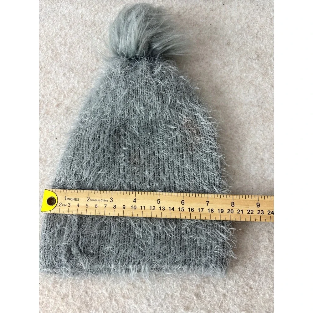 Grey Fuzzy Eyelash Knit Pom-Pom Beanie One Size RN 67227 Winter Hat